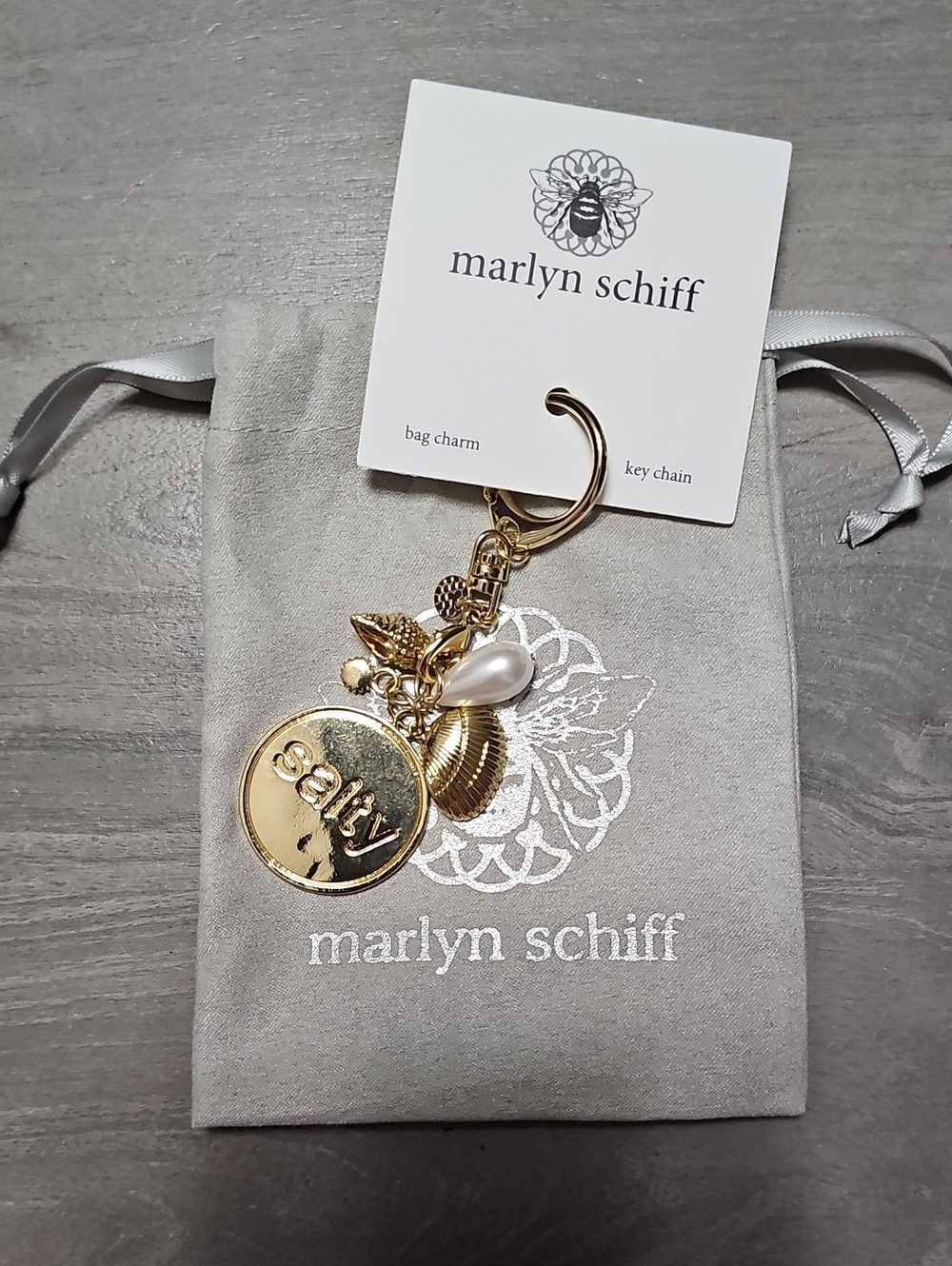 Marlyn Schiff Gold Charm Keychain with Pearl & Shell Accents
